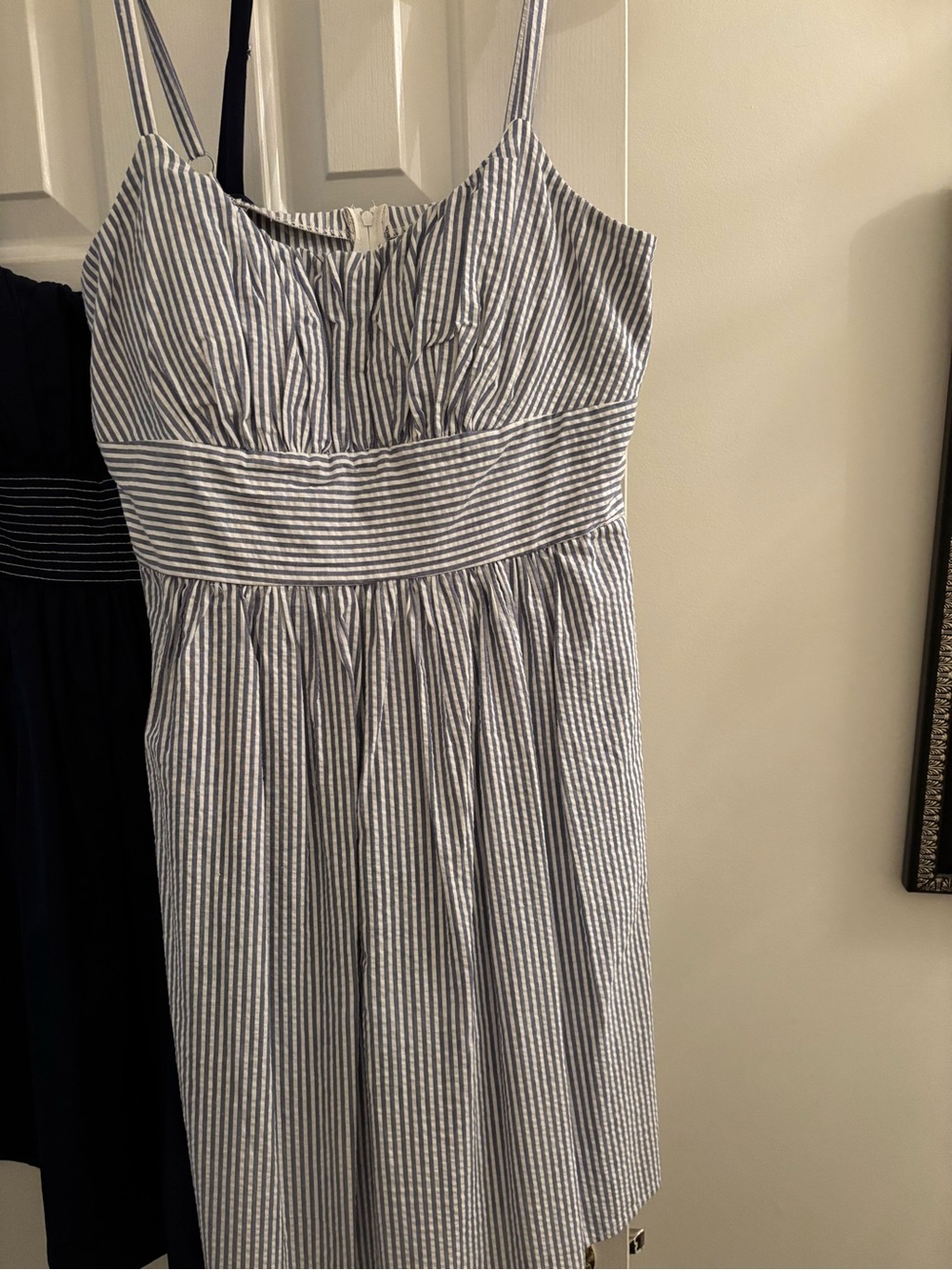B. Smart Blue and White Striped Spaghetti-Strap Midi Dress